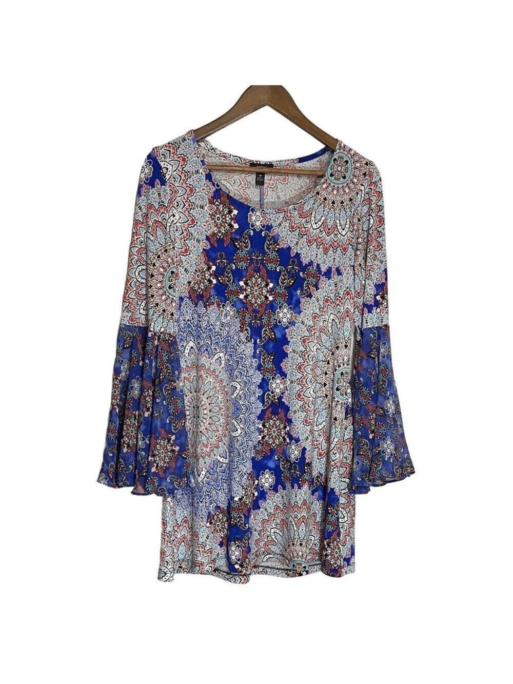 MSK Blue and Red Patterned Women's Bell Sleeve Tunic Blouse Medium